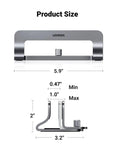 Front and side views of Vertical Laptop Stand For Desk, Aluminum Holder, dimensions labeled, sturdy gray dock compatible with MacBook.