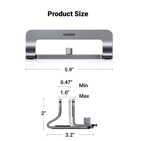 Front and side views of Vertical Laptop Stand For Desk, Aluminum Holder, dimensions labeled, sturdy gray dock compatible with MacBook.
