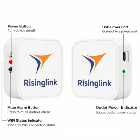 WiFi Power Outage Alarm Detector With SMS Text And Email Alerts Audible Alarm No Hub Or Monthly Fees Power Failure And Restoration Alerts For Home Or Small Office Engineered In The USA, showing front and side view with labels