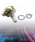10 Pack 10K Ohm Linear Taper Rotary Potentiometers For Panel Mount 3 Pin WH148 Type B10K Smooth Adjustable Dial For Audio DIY Electronics Projects House Music Gear showing a single unit with washer and nut on a futuristic circuit background.