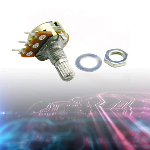 10 Pack 10K Ohm Linear Taper Rotary Potentiometers For Panel Mount 3 Pin WH148 Type B10K Smooth Adjustable Dial For Audio DIY Electronics Projects House Music Gear showing a single unit with washer and nut on a futuristic circuit background.