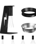 Top Notch Barista Game Changer Adjustable Coffee Wdt Distribution Tool Set With Slick Magnetic Grip Base And Easy Pour Dosing Funnel For Your Daily Espresso Setup, black stand, stainless funnel, adjustable needles.