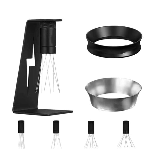 Top Notch Barista Game Changer Adjustable Coffee Wdt Distribution Tool Set With Slick Magnetic Grip Base And Easy Pour Dosing Funnel For Your Daily Espresso Setup, black stand, stainless funnel, adjustable needles.