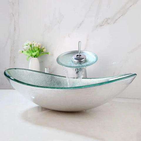Dope Sleek Oval Glass Vessel Sink and Waterfall Faucet Combo With Pop Up Drain and Mounting Ring for Modern Bathroom Vanity