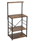 Solid Build Four Tier Wooden Storage Rack and Bakery Shelf for Your Kitchen or Living Room Featuring Rustic Industrial Charm Heavy Duty Microwave Oven Stand with No Sweat Assembly and Hella Tough Waterproof Finish, metal frame with wood shelves.