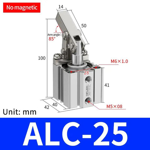 Pneumatic Clamping Cylinder with Lever Arm, 1 Inch Bore Down Acting Clamp for Jigs, Fixtures, Mold Pressing, M5x0.8 ports.