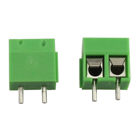 20 Pack 5mm 2 Pin Screw Terminal Block Connector For PCB Mount Arduino Projects 300V 10A Wire Range 22 To 14 AWG front and top view