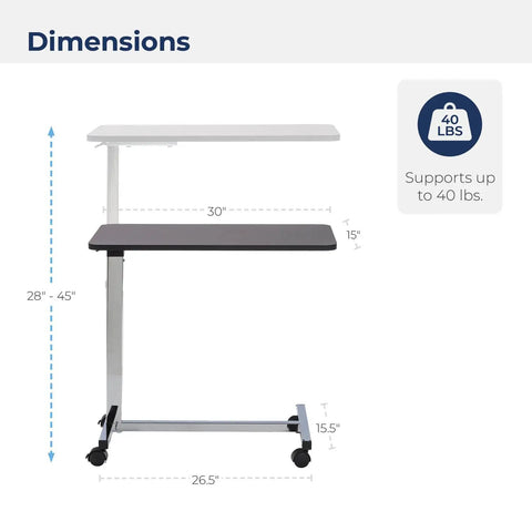 Dimensions of Heavy Duty Adjustable Overbed Table With Dead Simple Height Changes Non Tilt Wood Grain Top And Smooth Rolling Swivel Casters