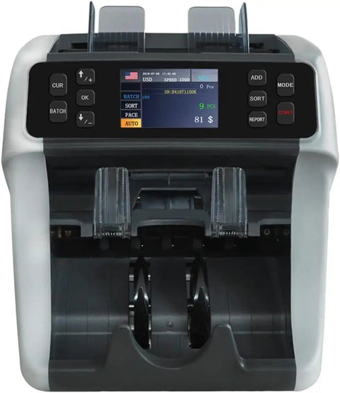 Grind Ready Cash Processor With Auto Bill Sorting Uv Mg Ir Detect Sneaky Fakes Serial Number Logging And Mixed Denomination Processing For Busy Entrepreneurs Who Want Zero Nonsense Efficiency showing front view with 3.5 inch screen and controls.
