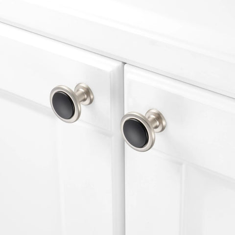 Round Cabinet Knobs 10 Pack Matte Black And Nickel shown on white cabinet doors, modern solid metal design for kitchen and bath decor.