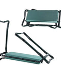 Garden Kneeler Seat With Handles, Folding Bench Kneeling Stool With Storage Bags, shown folded and open with steel frame and pad.