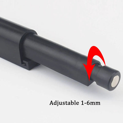 Magnetic Touch Cabinet Catch Set With Dampers For Soft Open Close 3 Piece Gray Kit adjustable part with arrow showing 1-6mm adjustment