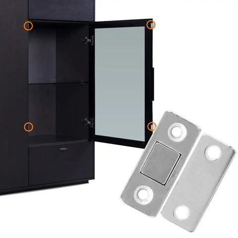 Stainless Steel Door Magnet Cabinet Catch With Heavy Duty Magnetic Closure shown next to an open black cabinet.