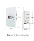 Smart WiFi Wall Socket with Black Glass Touch Panel and 20A Power Monitor Offering 4400W Capacity for Brazilian Standard Outlets shown in dimensions.