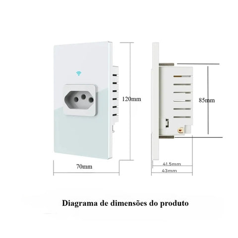 Smart WiFi Wall Socket with Black Glass Touch Panel and 20A Power Monitor Offering 4400W Capacity for Brazilian Standard Outlets shown in dimensions.