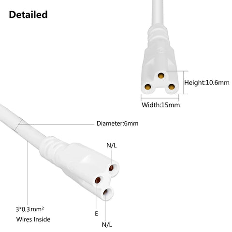 Detailed view of Go To Double Female Linkable Power Cord Set, 5 Foot For T5 T8 LED Tube Light Fixtures, 3 Prong Lamp Connecting Wire.