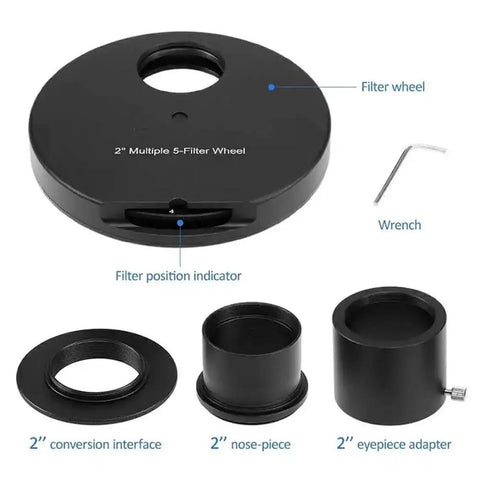 Eyepiece Wheel For 1.25 Inch And 2 Inch Telescopes With 5 Filter Carousel Includes Moon And Planetary Filters Pro Grade Barlow Lens
