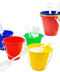 Three Pack Beach Toys Set With 5.25 Inch Buckets And Shovels, Kids Sand Play Pails in red, blue, yellow, green for creative play
