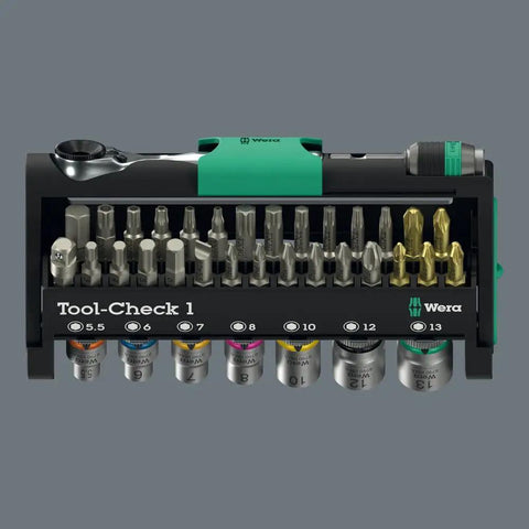 Go-To 38 Piece Tool Set With Zyklop Mini One Quarter Inch Bit Mounting in compact case with green locking components