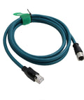 Rugged Industrial M12 X Code 8 Pin Female to RJ45 Cat7e Ethernet Cable 1m 10 Gbps IP67 Waterproof coiled on white background