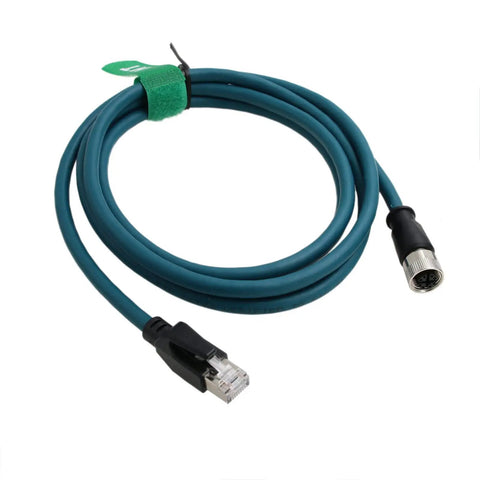 Rugged Industrial M12 X Code 8 Pin Female to RJ45 Cat7e Ethernet Cable 1m 10 Gbps IP67 Waterproof coiled on white background