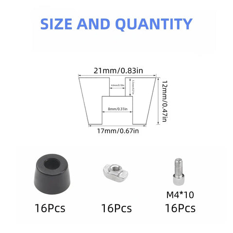 16 Complete Sets Anti Vibration Feet Kit With 20mm Rubber Pads For 2020 Aluminum Extrusion Includes 16 Rubber Feet, 16 T Nuts, 16 M4x12 Screws, And 1 Wrench For Rock Solid Stability On Heavy 3D Printers And CNC Machines. Size chart with 16pcs parts
