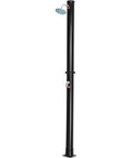 Black solar heated outdoor shower with two section setup, 7.2ft tall and 5.5 gallon capacity, temperature and water pressure adjustable.