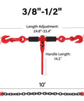 Heavy Duty G80 Chain Binder Set 3/8 to 1/2 Inch With 3/8 Inch By 10 Foot Chain, Ratchet Load Binder With Grab Hook dimensions