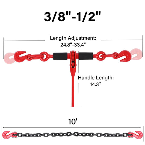 Heavy Duty G80 Chain Binder Set 3/8 to 1/2 Inch With 3/8 Inch By 10 Foot Chain, Ratchet Load Binder With Grab Hook dimensions