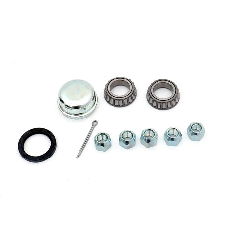 Trailer Hub Kit With 5 Bolt On 4.5 Inch Bolt Circle For 2200 Lb Axles And 1-1/16 Inch Straight Spindles Easy Install Durable Outer Races And 1 Year Warranty components laid out