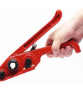 Straight Up Rock Solid Heavy Duty Poly Strapping Tensioner Cutter in hand, designed for PP or PET cord, for wrapping pallets.