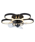 Dope 20 Inch Modern Ceiling Fan With Integrated Led Chandelier Light, Sleek Black And Gold Flush Mount Design, Three Speed Remote Control And Timer Function For Chill Home Vibes, displaying circular light rings.