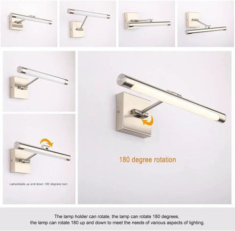 LED Picture Light With Swing Arm, 16.5 Inch Hardwired Dimmable Artwork Display Lamp, showing adjustable 180 degree tilt mechanism.
