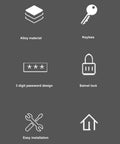 Icons illustrating features of Keyless Combination Cam Lock with Password Security for Drawers Cabinets Lockers, Zinc Alloy, rust resistant.
