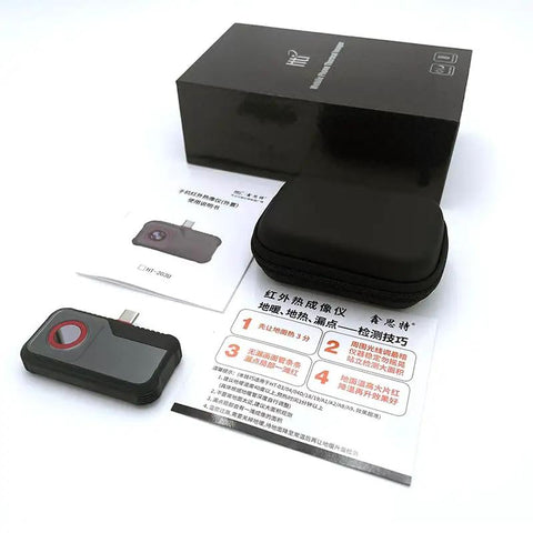 USB C Thermal Cam For Android With 512x384 Super Resolution And 256x192 IR Sensor, box, instruction manual, and carrying case