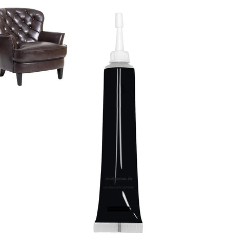 Leather Repair Cream For Furniture, Cars, Bags And Boots - Quick-Dry Liquid Pigment, 20ml tube next to a leather chair.