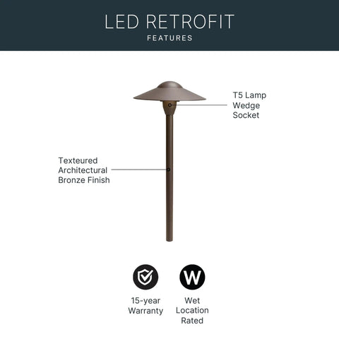 8 Inch Outdoor LED Path Light In Textured Architectural Bronze With 12V Adjustable Exterior Dome Light showing features