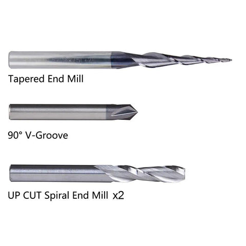 Pro Grade CNC Router Bit Carving Set for Wood Engraving with Solid Carbide One Quarter Inch Shank shown with tapered and spiral bits