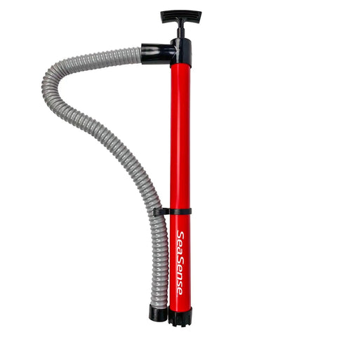 Red self priming hand bilge pump for small boats and kayaks, easy water removal, manual bilge pump with 18 inch hose for kayaks, canoes, and wet bilges, quick evacuation to keep you dry and safe on the water