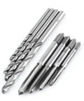 Pro Grade T Handle Tap Wrench Kit With 5 Tap Sizes M3 M4 M5 M6 M8 And 5 Twist Drill Bits for DIY threading visible in metal