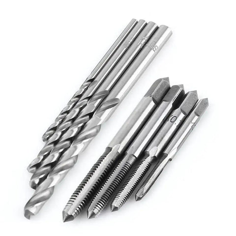 Pro Grade T Handle Tap Wrench Kit With 5 Tap Sizes M3 M4 M5 M6 M8 And 5 Twist Drill Bits for DIY threading visible in metal