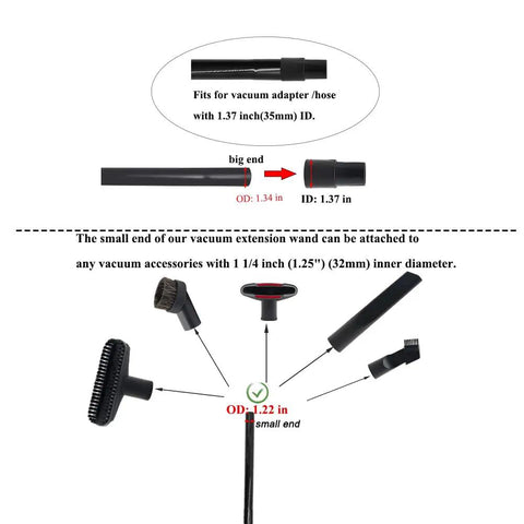 Diagram showing Three Piece Vacuum Extension Wand Set 1.25 Inch Inner Diameter 32mm Plastic Tubes with attachments and measurements.