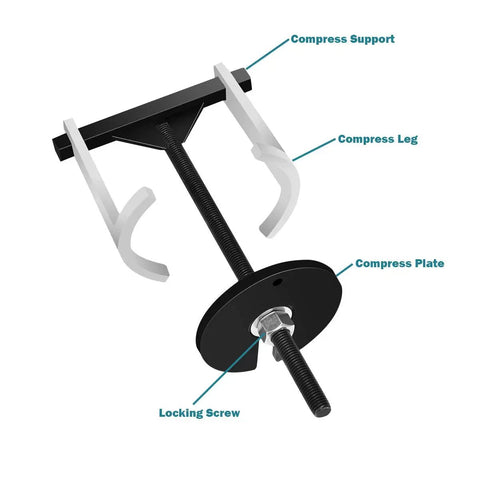 Transmission Spring Compressor Kit For Automatic Transmissions with labeled parts and durable steel design.