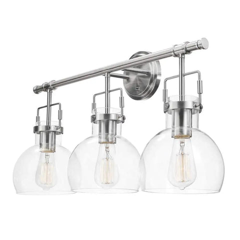 All In One Bathroom Vanity Set With A 3 Light Fixture, Towel Bar, Toilet Paper Holder, Towel Ring, And Robe Hook In Brushed Nickel With Clear Glass