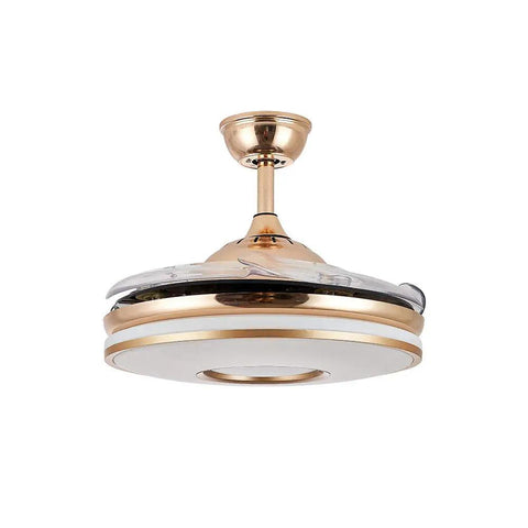 Retractable Gold Ceiling Fan With Light And Invisible Blades, 42 Inch Crystal Chandelier LED Lamp, in retracted position