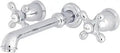 English Country Style Wall Mount Roman Tub Faucet In Polished Chrome With Solid Brass Construction Drip Free Ceramic Disc Cartridge Three Hole Installation High Flow 7 GPM At 80 PSI; side view