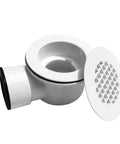 Heavy Duty PVC Side Outlet Drain Assembly Featuring Snug Silicone Rings For Low Profile Shower Bases And Smooth Tile Floors Built Damn Tough Daily Performance, angled view with cap.