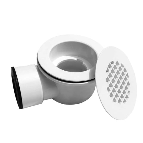 Heavy Duty PVC Side Outlet Drain Assembly Featuring Snug Silicone Rings For Low Profile Shower Bases And Smooth Tile Floors Built Damn Tough Daily Performance, angled view with cap.