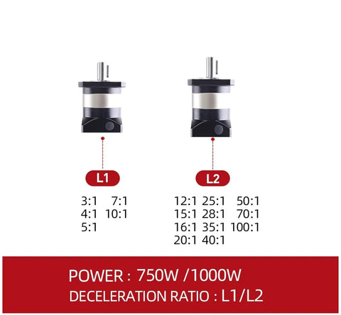 Rock Solid 750W AC Servo Motor With ASD275 Drive And Heavy Duty Planetary Reducer Gearbox showing L1 and L2 deceleration ratios.