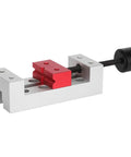Compact Aluminum Mini Bench Vise For Woodworking Hobbyists, A Handy Little Table Clamp With 50mm Jaw Range, 123mm Overall Length, 20mm Mount Hole Distance, Ideal For Engraving, Drilling, And Small Repairs, silver and red